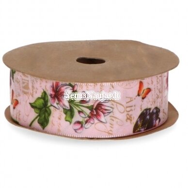 Fabric ribbon, flowers and butterflies (pink color)
