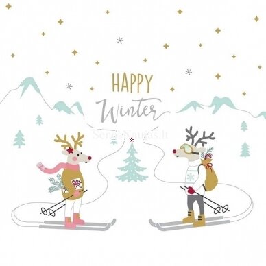 Paper napkin for decoupage SKIING DEERS, 1/4 folded