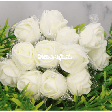 Foam roses with tulle, white color, 12 pieces